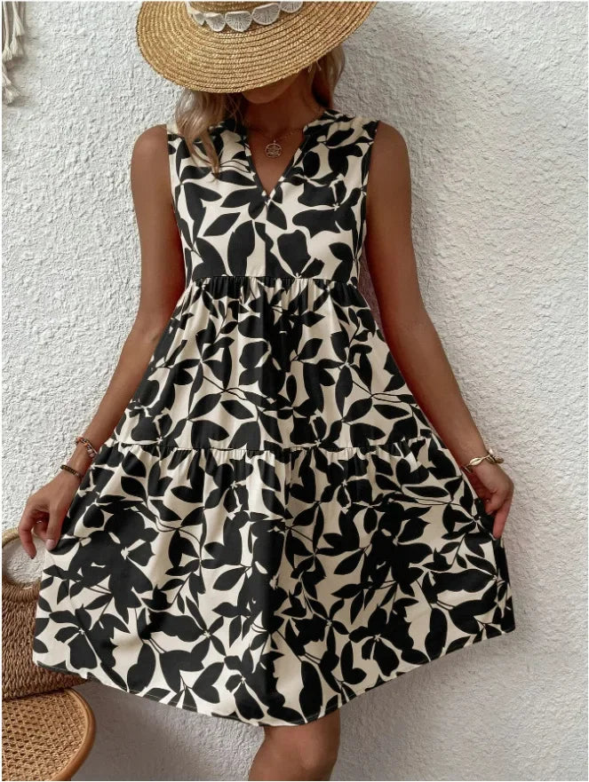 Josette | Women's V-Neck Tiered Summer Dress with Botanical Print