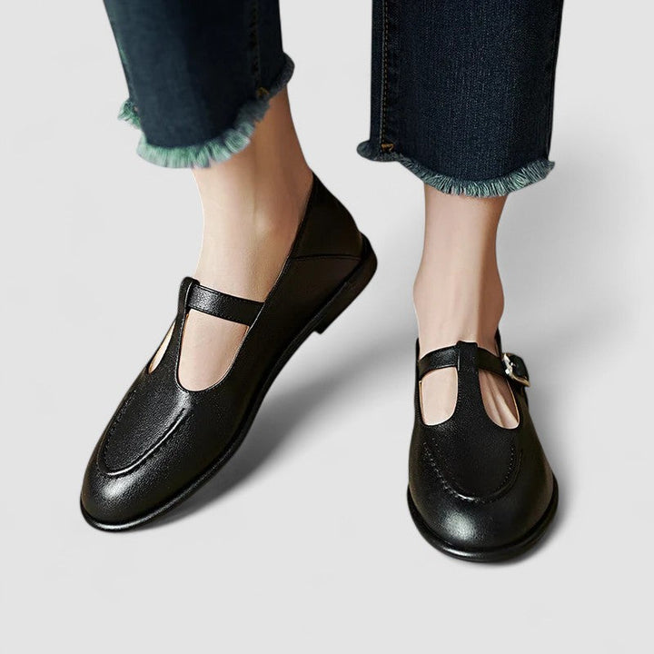 Odette | Cutout T-Strap Leather Mary Jane Flats