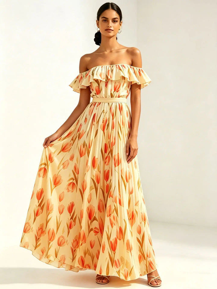 Flora | Tulip Print Ruffle Bardot Off Shoulder Dress