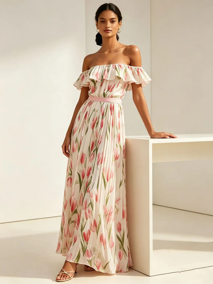 Flora | Tulip Print Ruffle Bardot Off Shoulder Dress