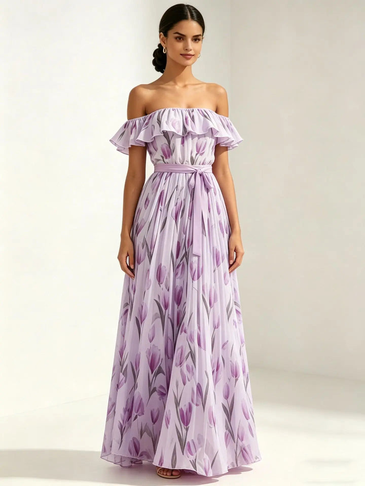 Flora | Tulip Print Ruffle Bardot Off Shoulder Dress