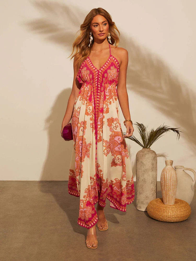 Sorrento | Paisley Crochet Trim V-Neck Halter Neck Maxi Dress