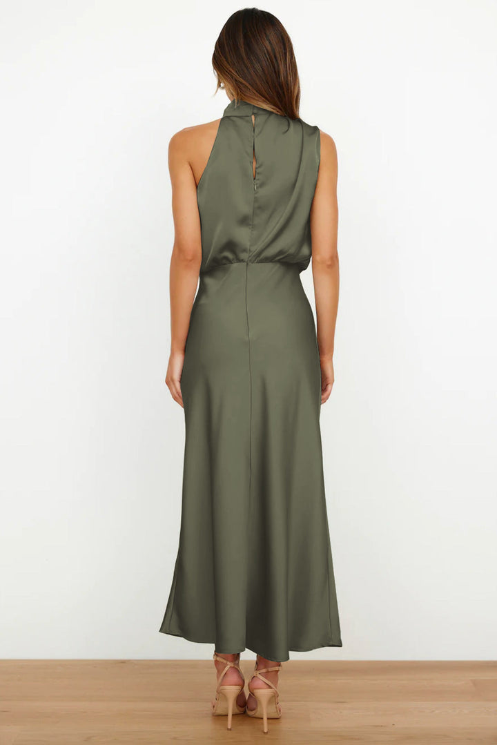 Sienna | Draped Twist Blouson Halter Neck Maxi Dress in Satin