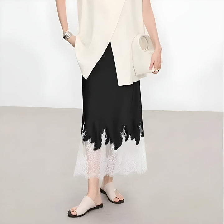 Ophelia | Women's Satin Lace Trim Maxi Skirt