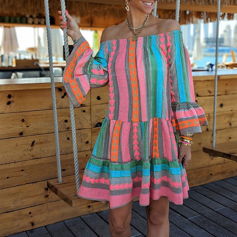 Zara | Aztec Print Flare Sleeve Off Shoulder Dress