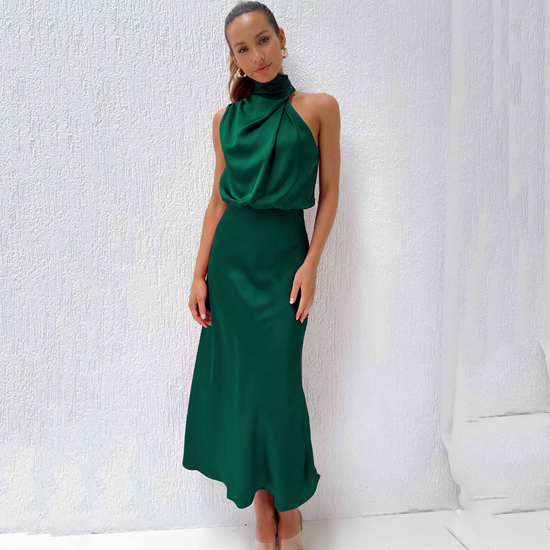 Sienna | Draped Twist Blouson Halter Neck Maxi Dress in Satin