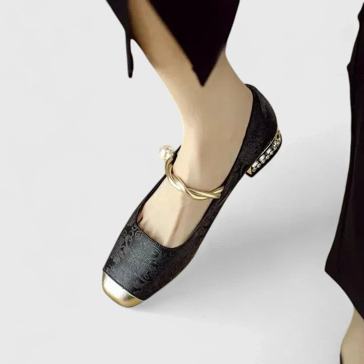 Luelle | Velvet Pearl Strap Cap Toe Mary Jane Flats