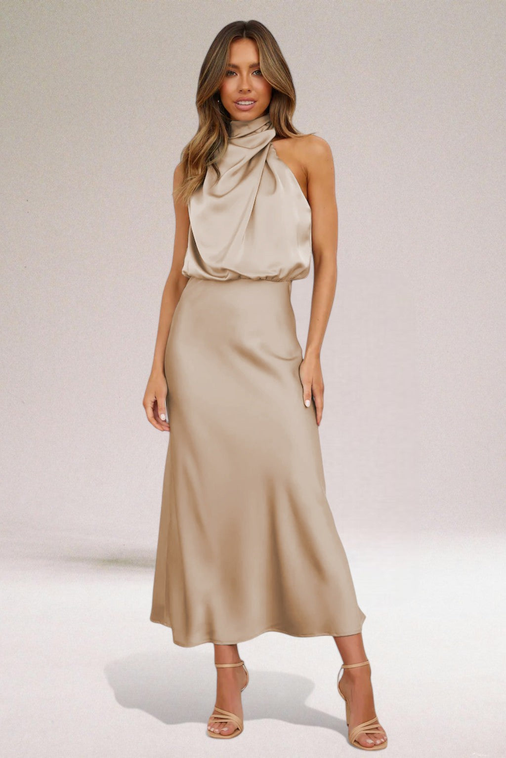 Veronique | Draped Blouson Satin Halter Neck Dress