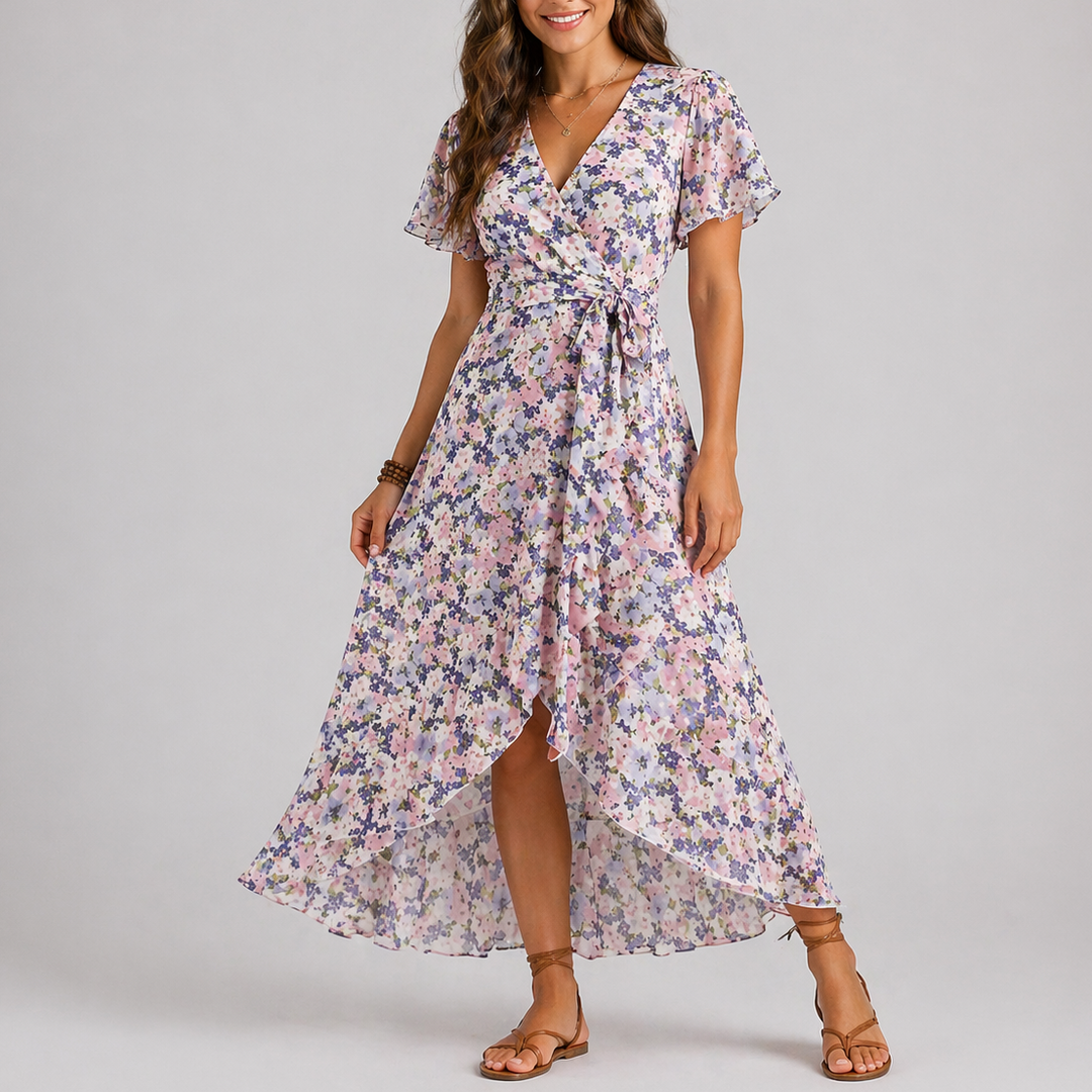Cosima | Women's Wrap V-Neck Summer Dress with High-Low Hem