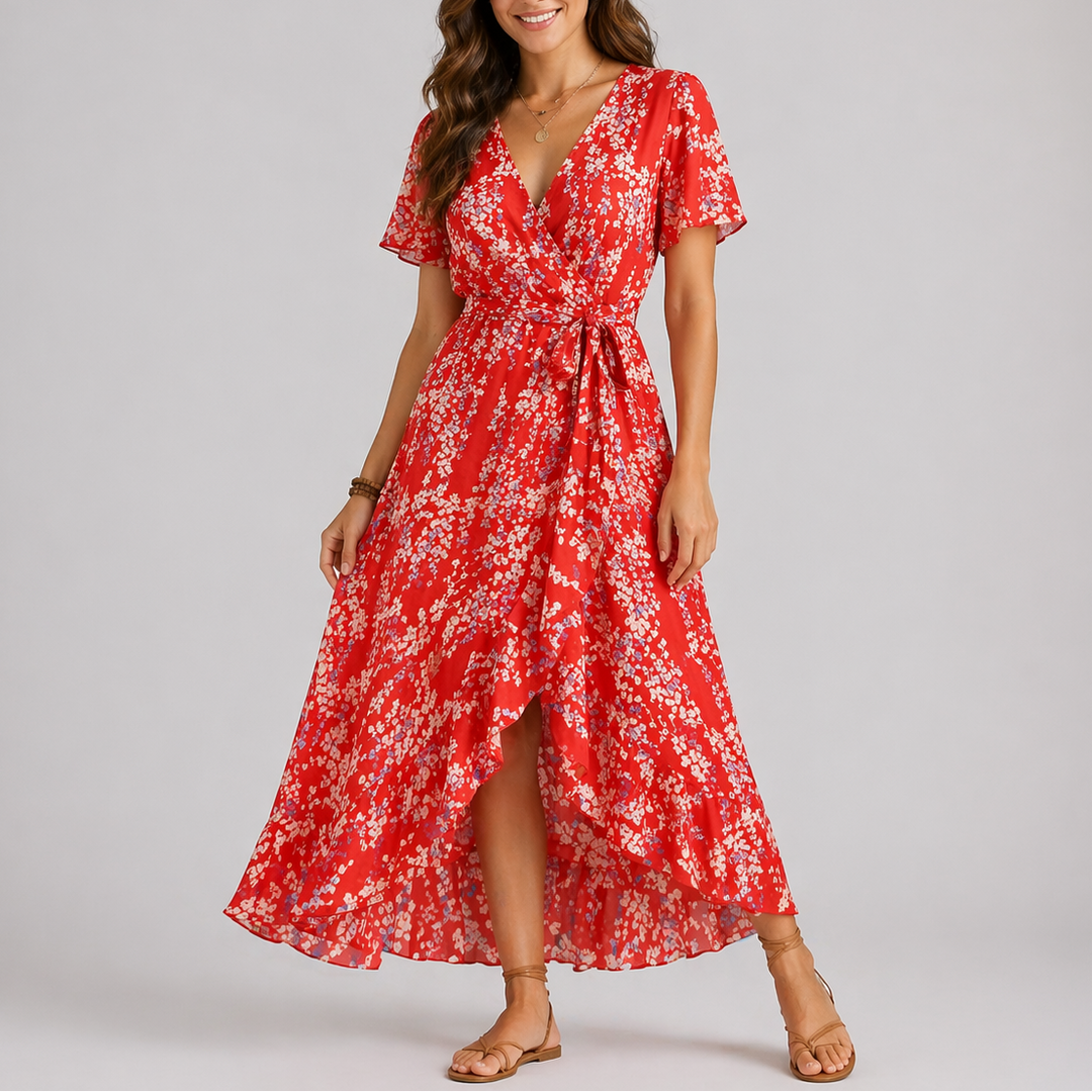 Cosima | Women's Wrap V-Neck Summer Dress with High-Low Hem