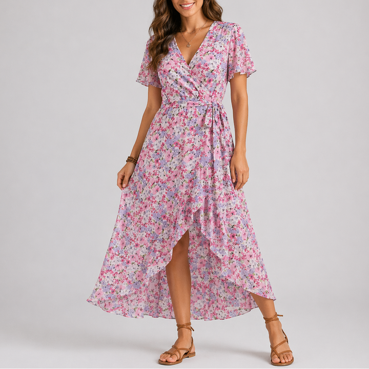 Cosima | Women's Wrap V-Neck Summer Dress with High-Low Hem
