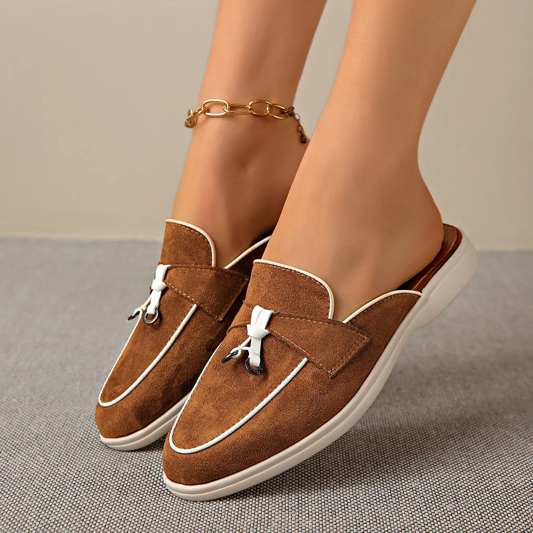 Frankie | Suede Tassel Trim Backless Loafer Orthopedic Flats