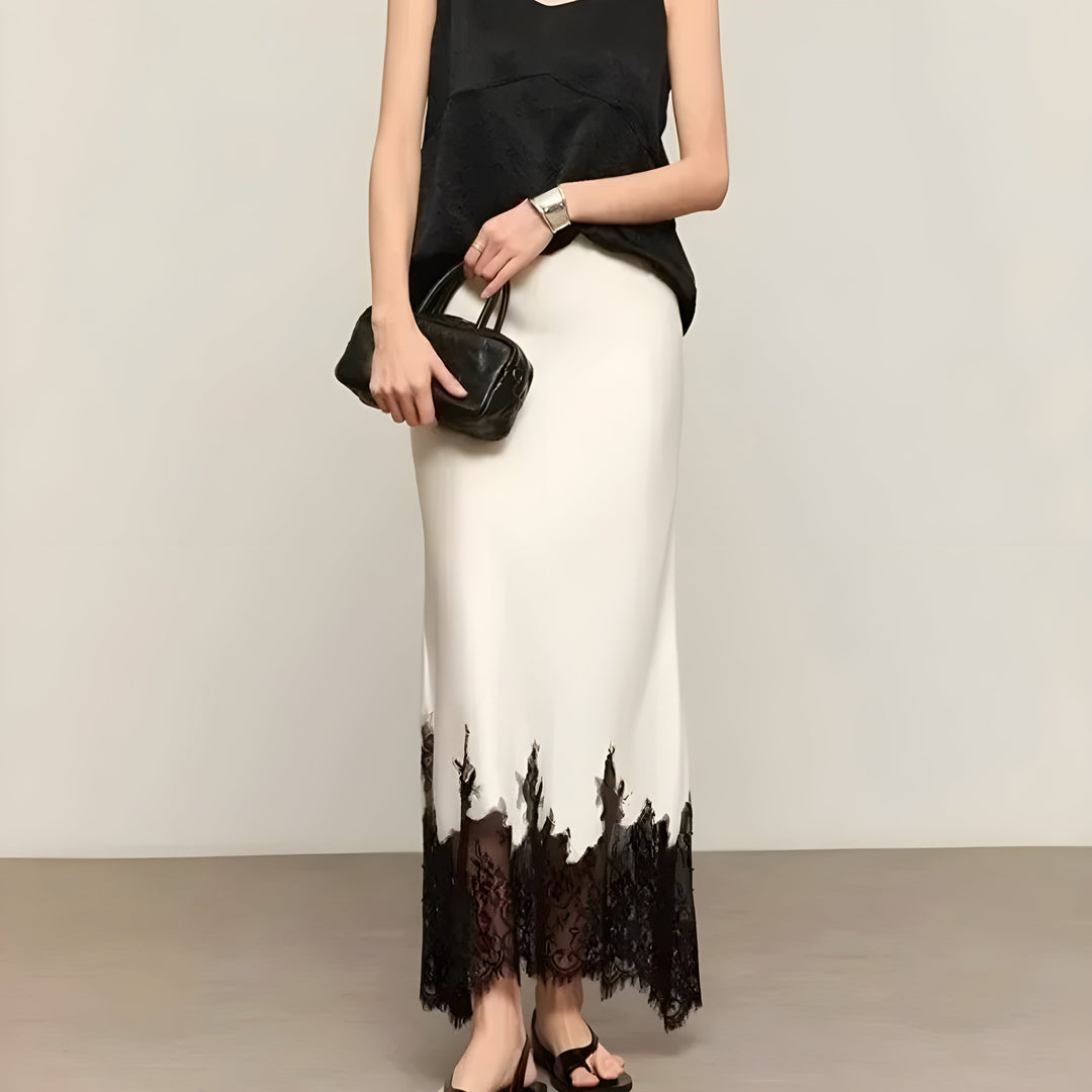 Ophelia | Women's Satin Lace Trim Maxi Skirt