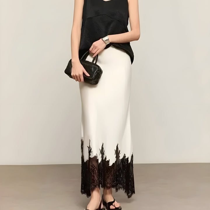 Ophelia | Women's Satin Lace Trim Maxi Skirt