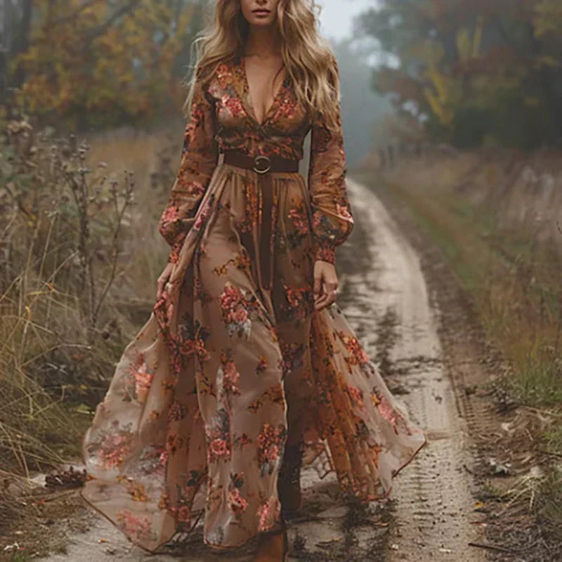 Wilhelmina | Floral Embroidered Shirt Collar Boho Dress with Tie Belt