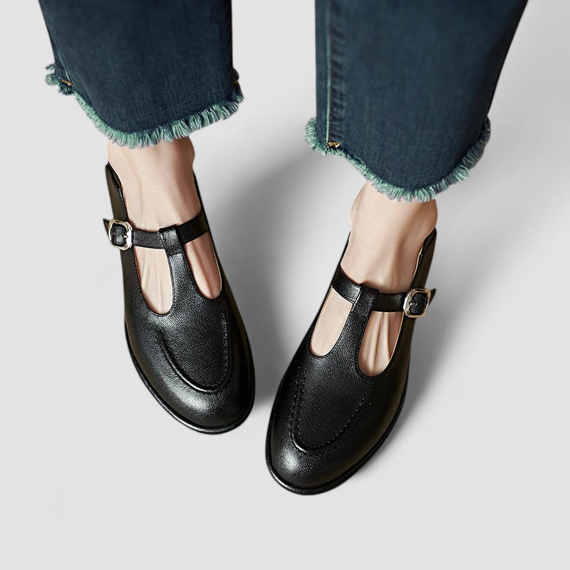 Odette | Cutout T-Strap Leather Mary Jane Flats
