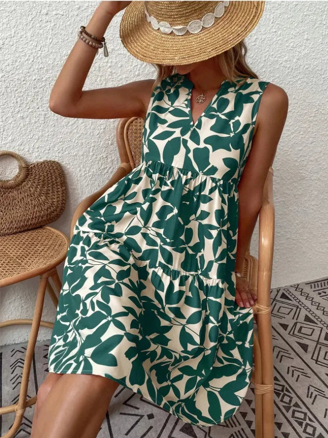 Josette | Women's V-Neck Tiered Summer Dress with Botanical Print
