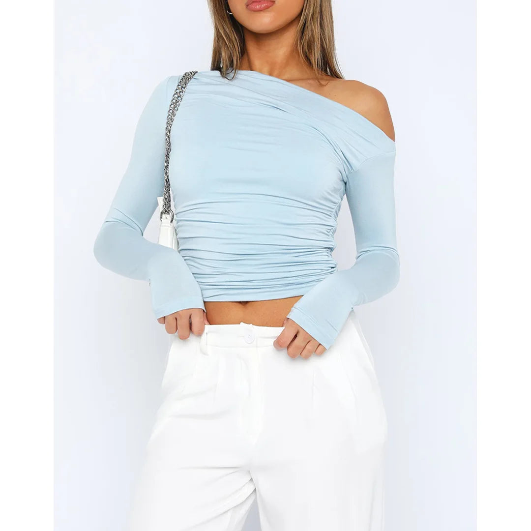 Marisol | Women's Long Sleeve Off Shoulder Ruched Top Cropped Fit