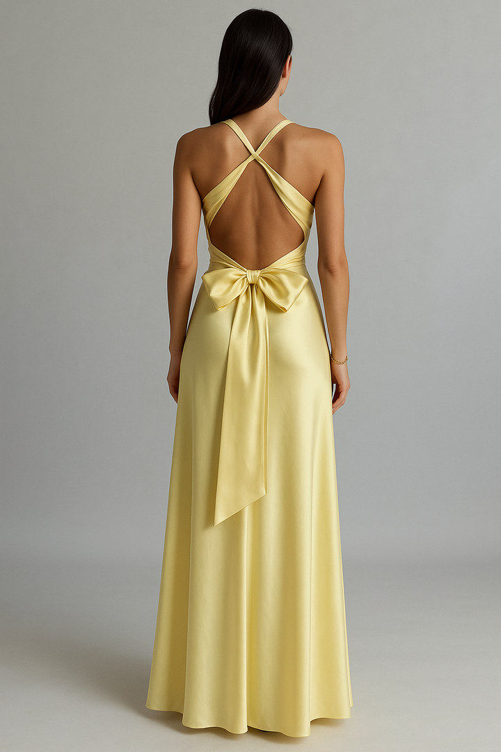 Aurelia | Twist Knot Satin Midi Halter Neck Dress