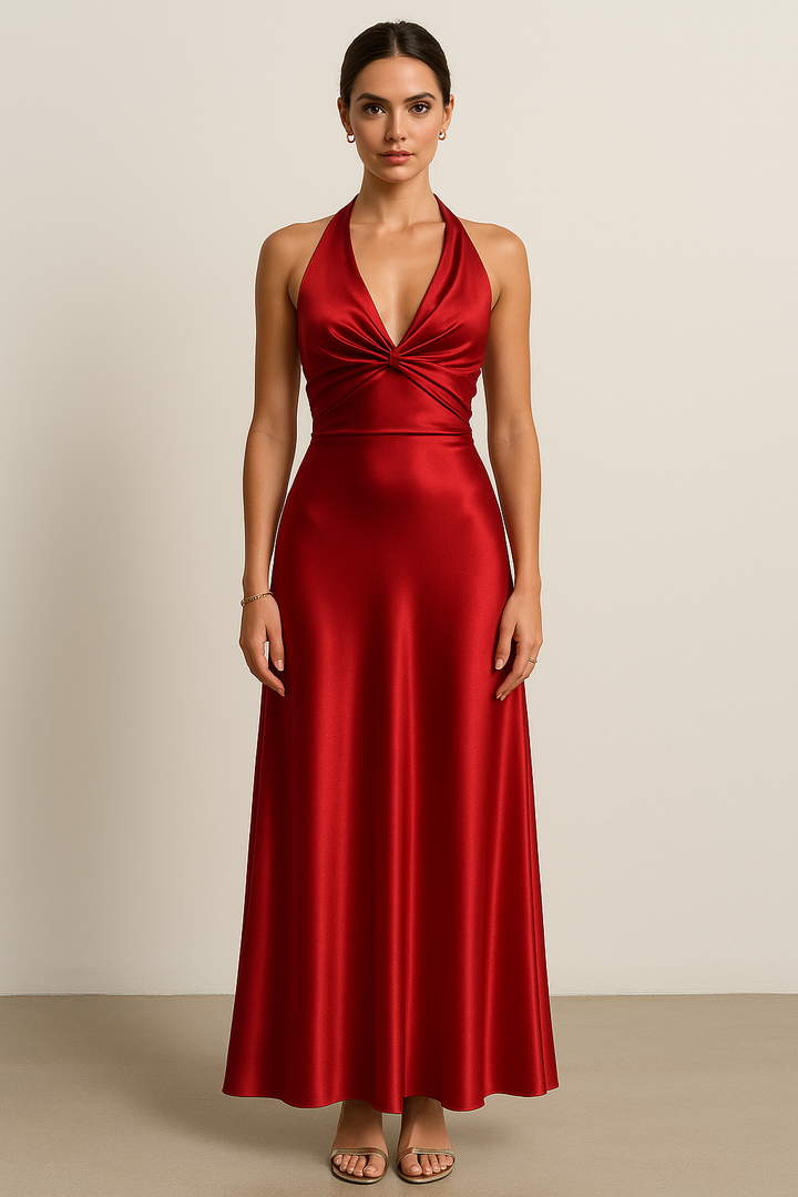 Aurelia | Twist Knot Satin Midi Halter Neck Dress