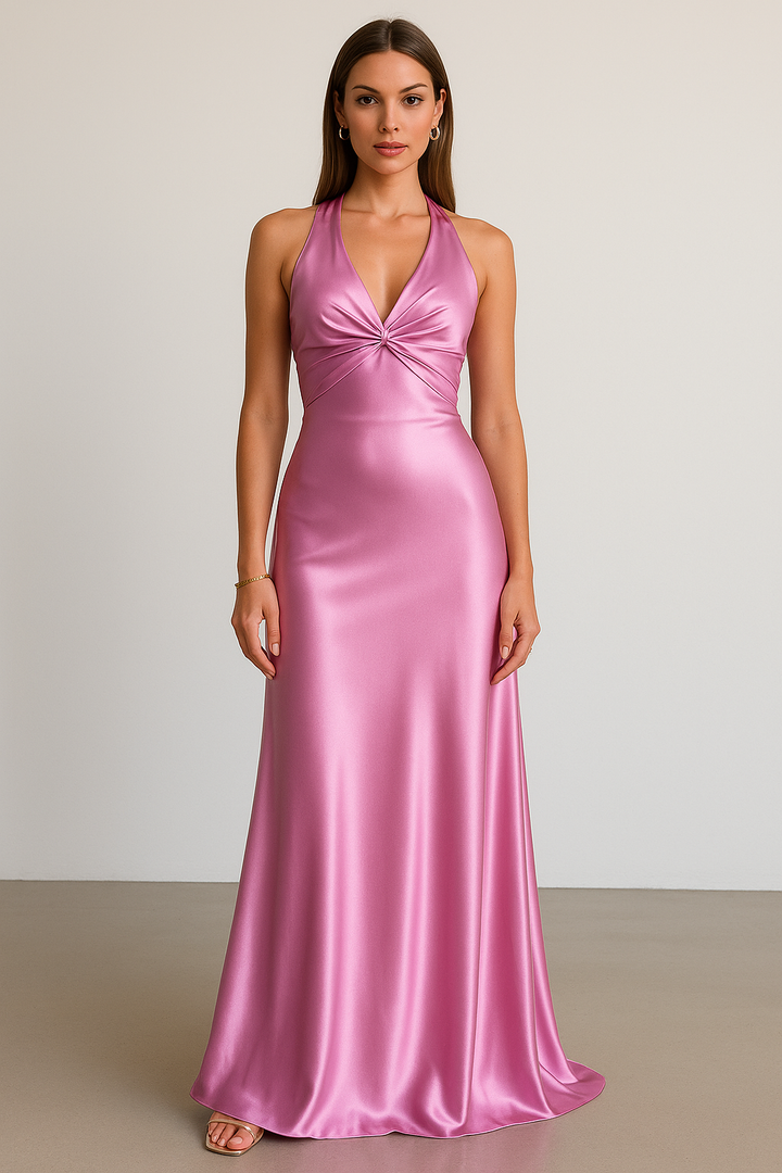 Aurelia | Twist Knot Satin Midi Halter Neck Dress