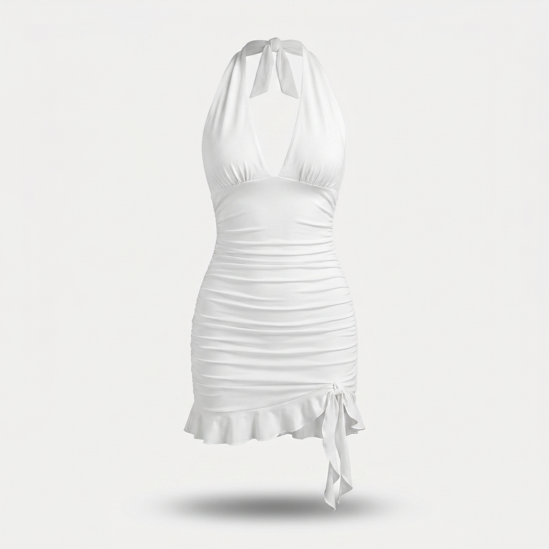 Nicolette | Ruched Ruffle Hem Mini Halter Neck Dress