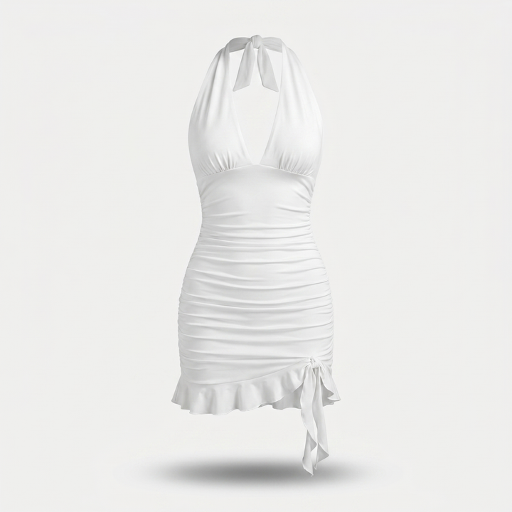 Nicolette | Ruched Ruffle Hem Mini Halter Neck Dress