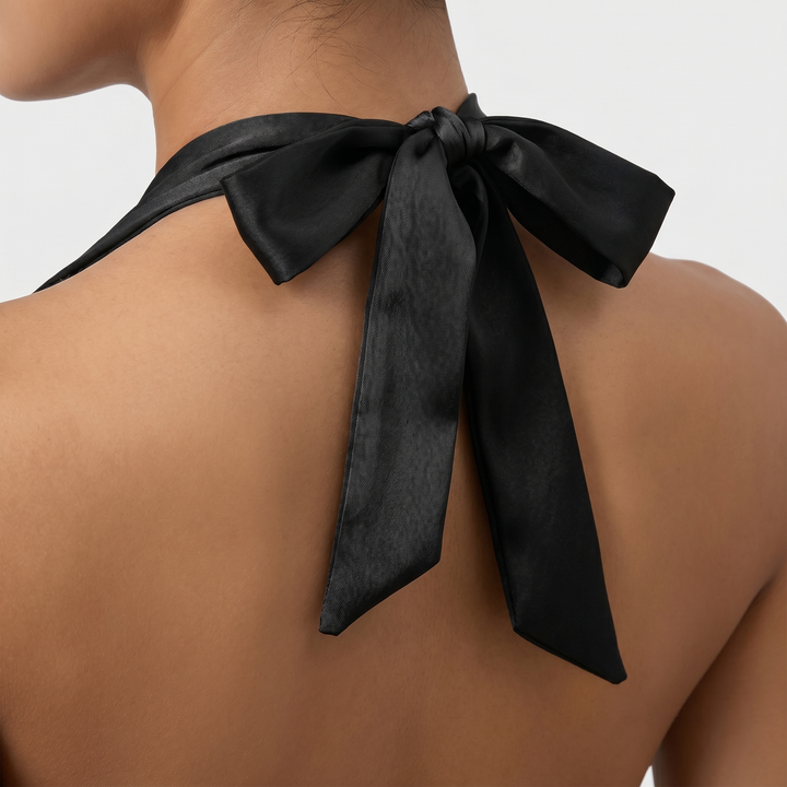 Nicolette | Ruched Ruffle Hem Mini Halter Neck Dress