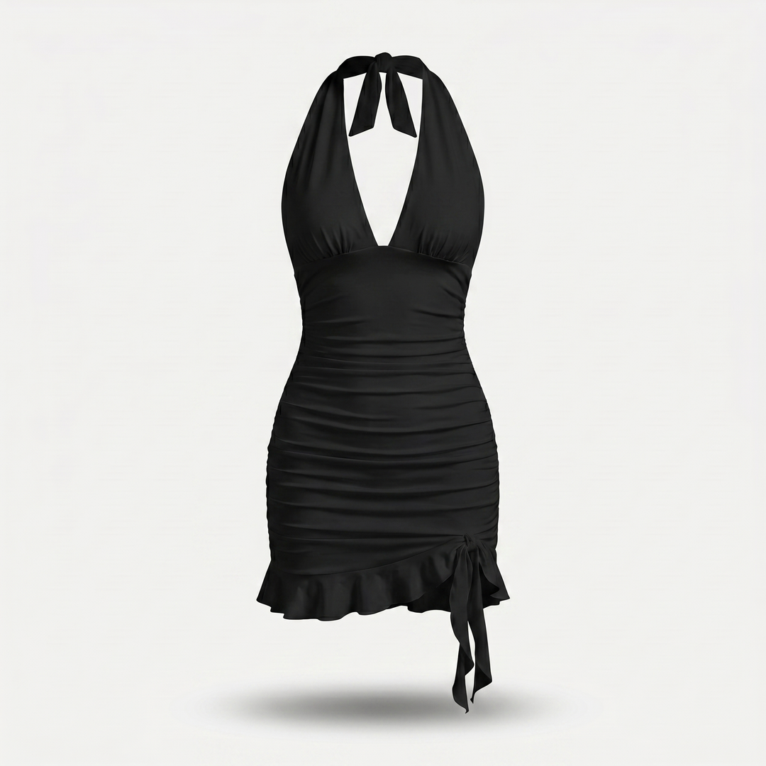 Nicolette | Ruched Ruffle Hem Mini Halter Neck Dress