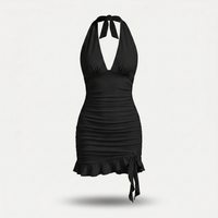 Nicolette | Ruched Ruffle Hem Mini Halter Neck Dress