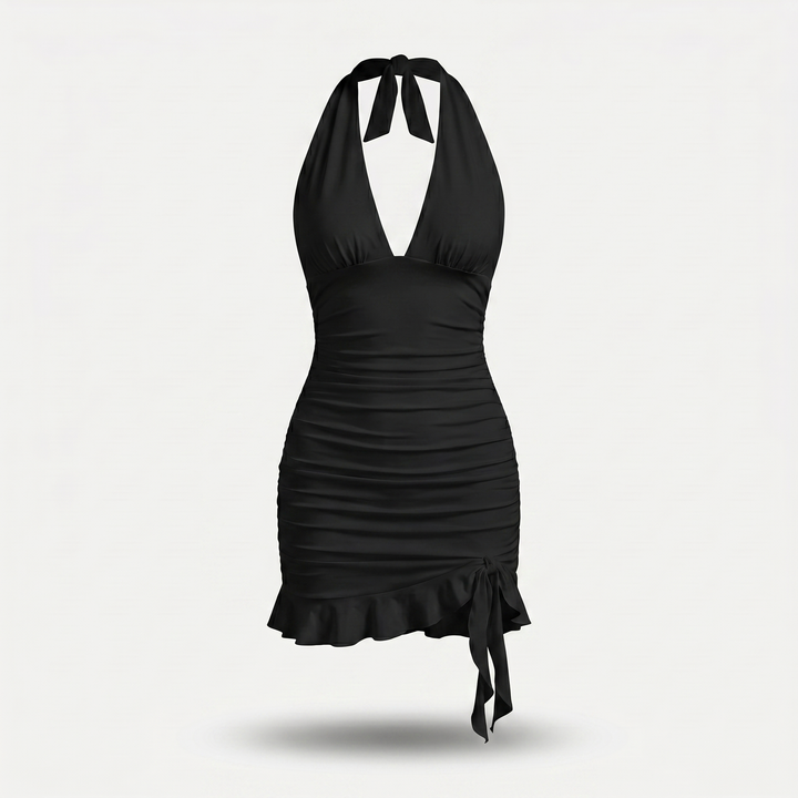 Nicolette | Ruched Ruffle Hem Mini Halter Neck Dress
