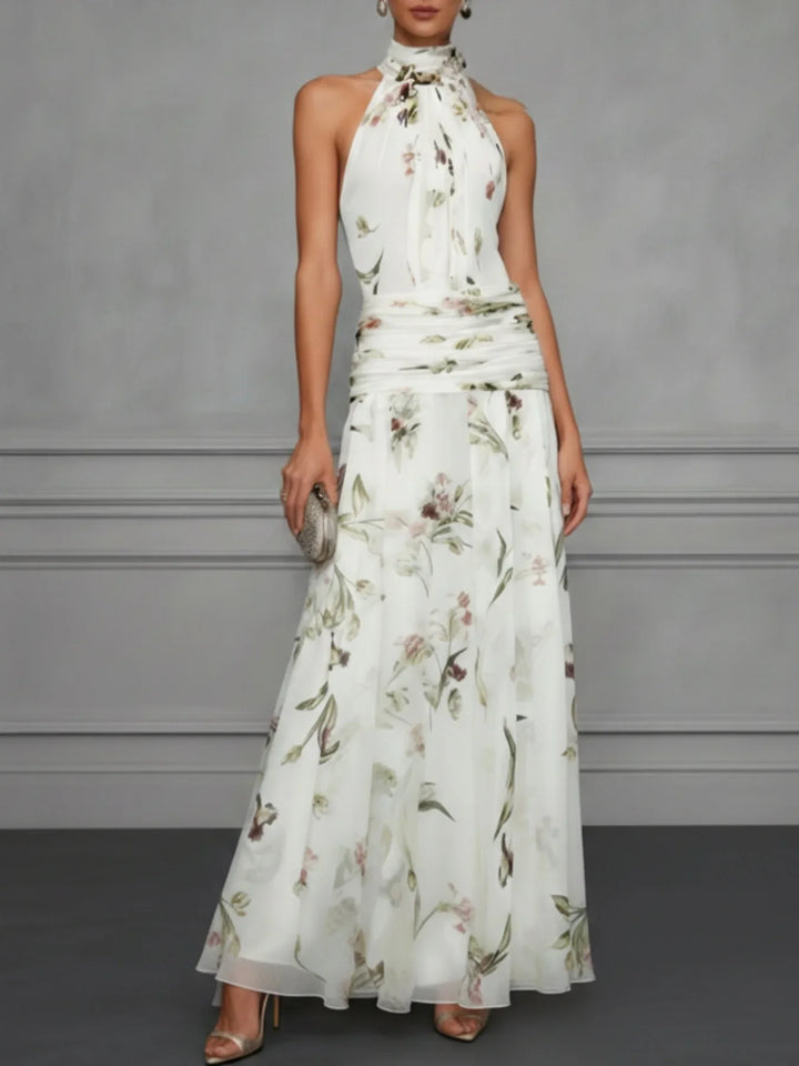 Clarisse | Floral Chiffon Ruched Waist Halter Neck Dress