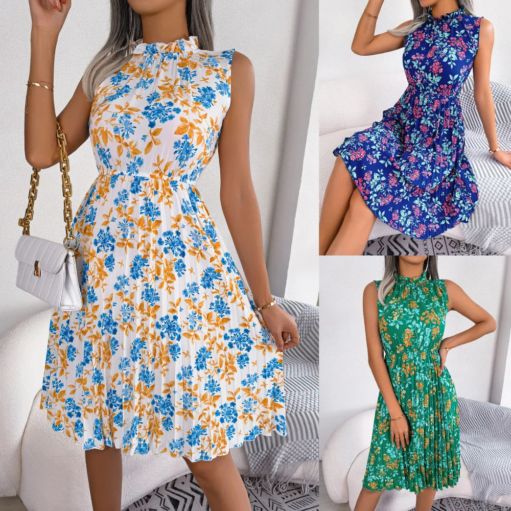 Zinnia | Floral Frill Neck Womens Pleated Midi Dress Sleeveless