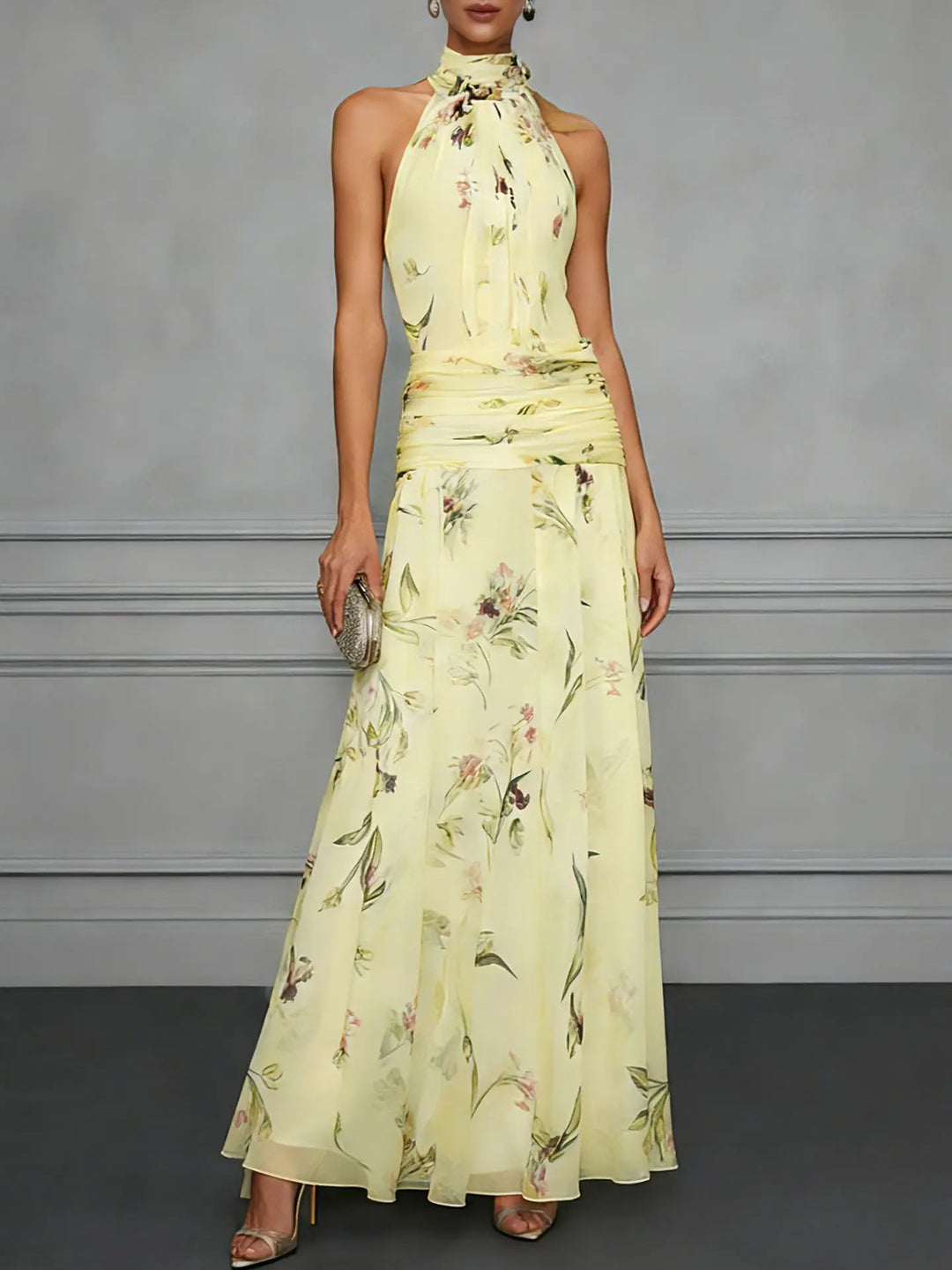 Clarisse | Floral Chiffon Ruched Waist Halter Neck Dress