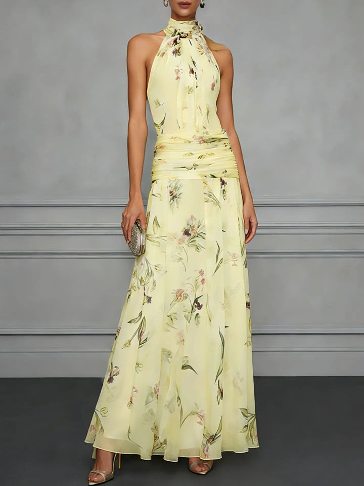 Clarisse | Floral Chiffon Ruched Waist Halter Neck Dress