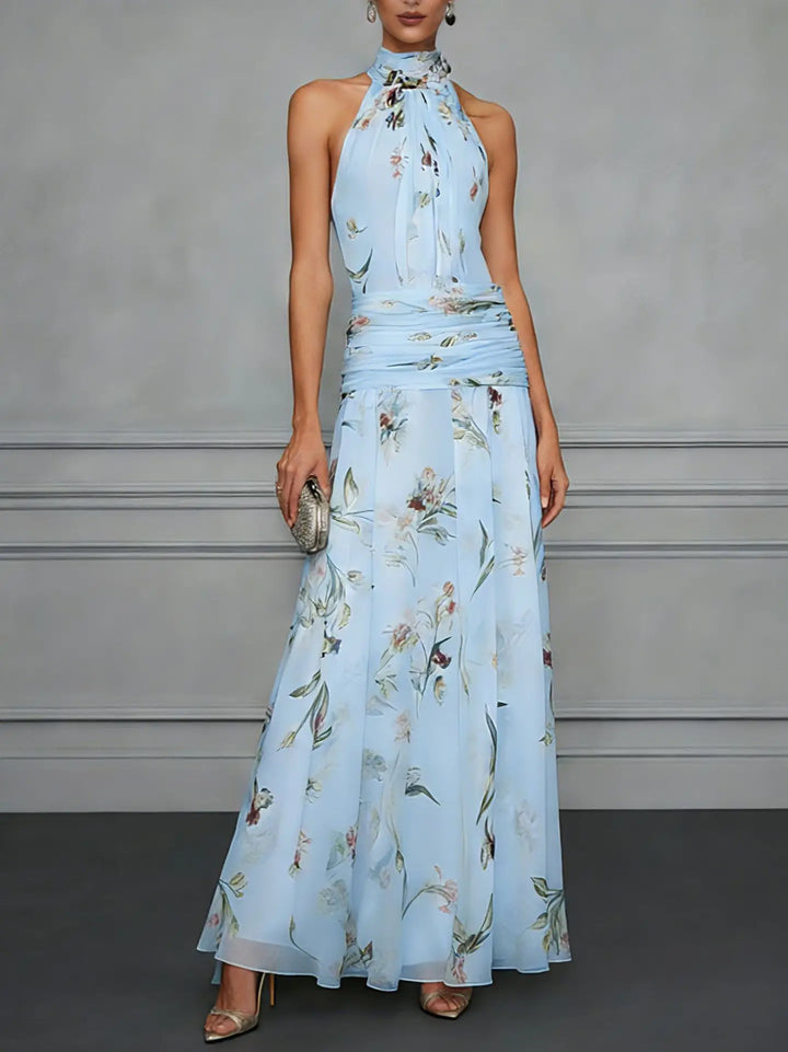 Clarisse | Floral Chiffon Ruched Waist Halter Neck Dress