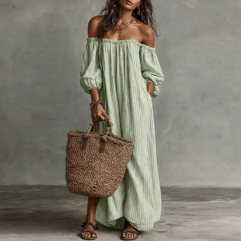 Paloma | Striped Puff Sleeve Off Shoulder Dress