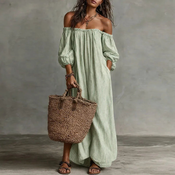 Paloma | Striped Puff Sleeve Off Shoulder Dress