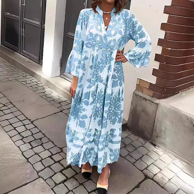 Versailles | Baroque Print Button Front Lantern Sleeve Boho Dress