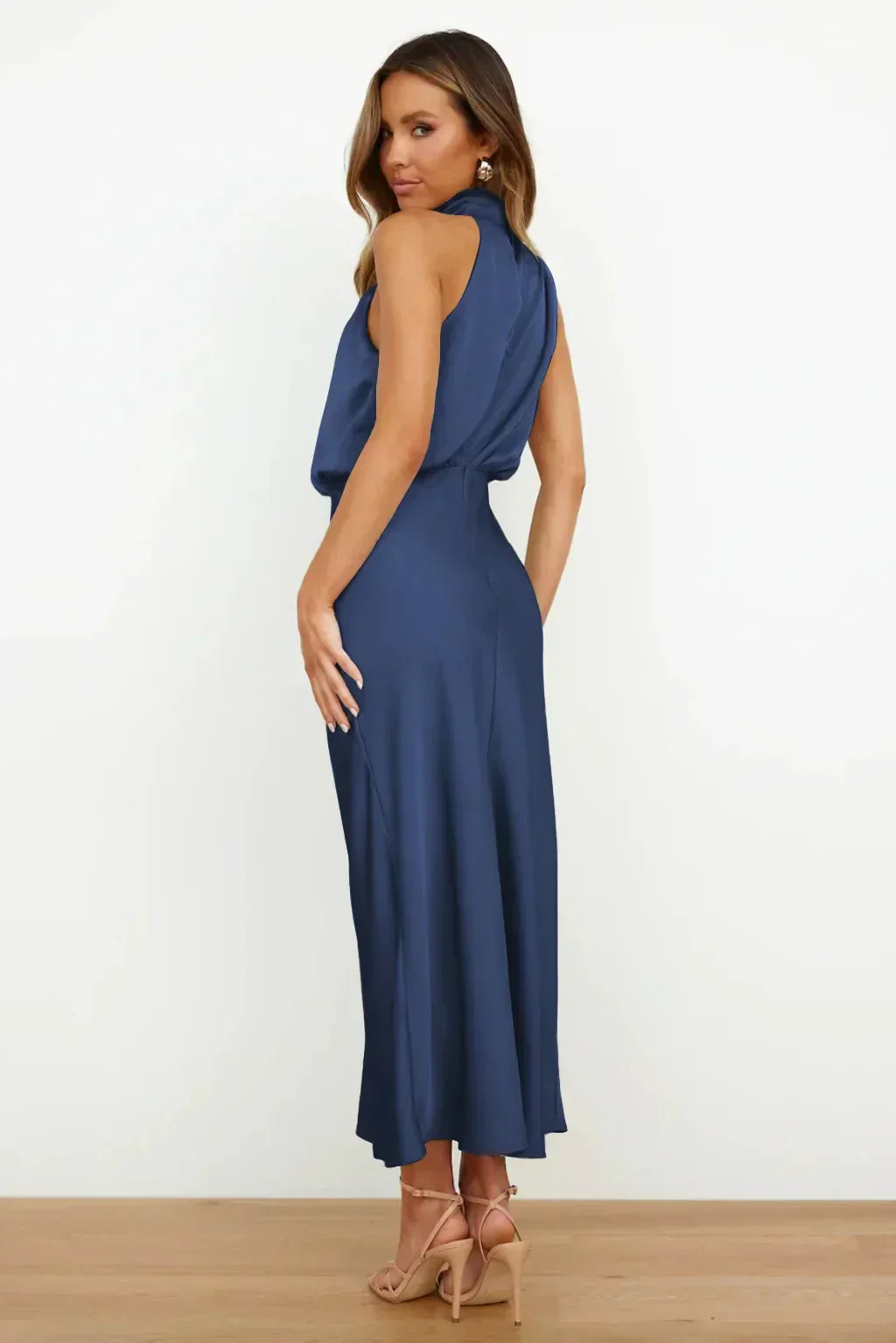 Sienna | Draped Twist Blouson Halter Neck Maxi Dress in Satin