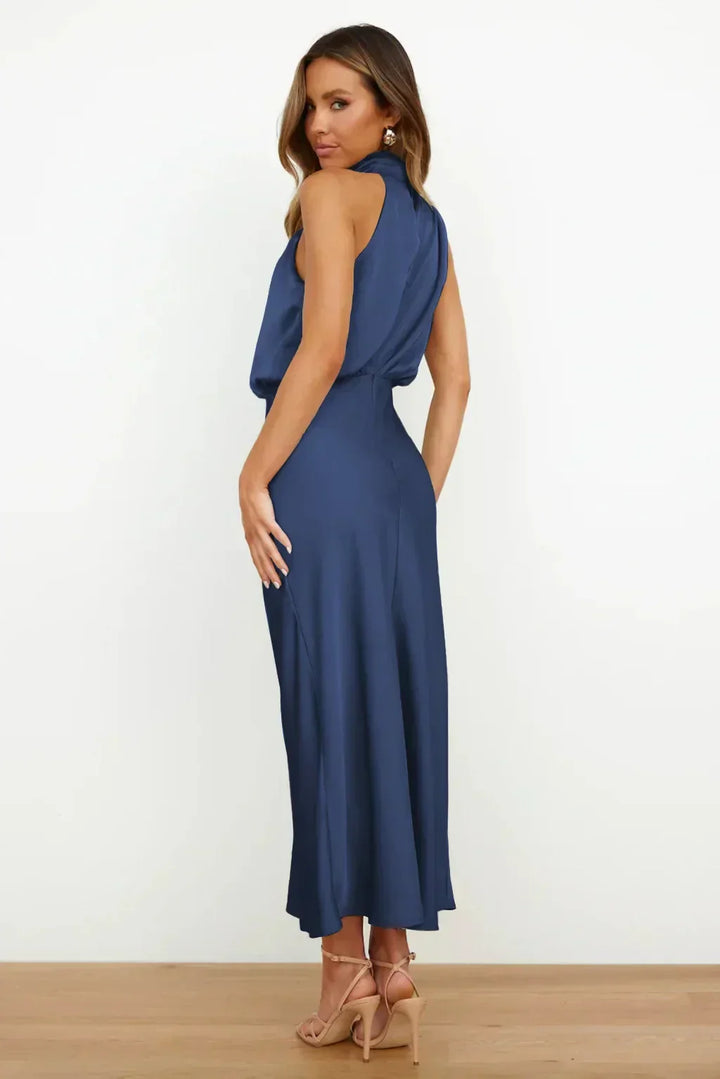Sienna | Draped Twist Blouson Halter Neck Maxi Dress in Satin