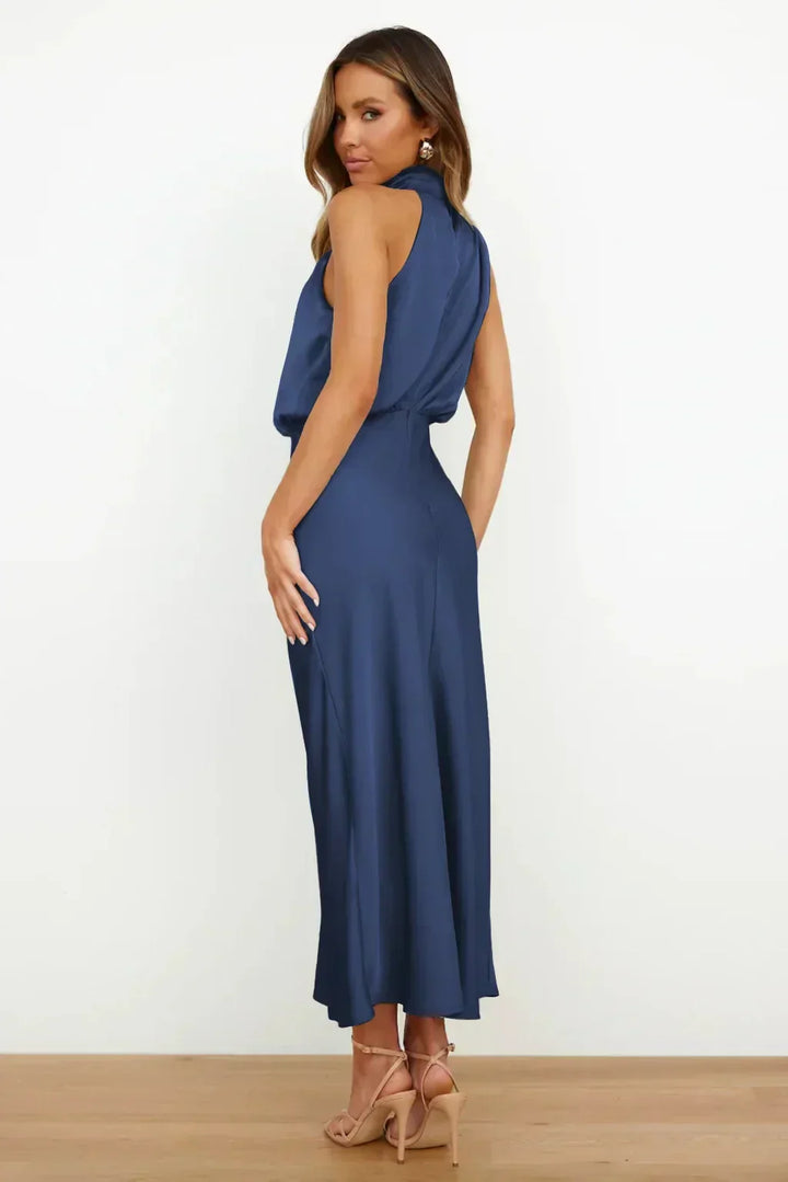 Wilhelmina | Women's Halter Neck Satin Maxi Dress with Draped Cowl Detail