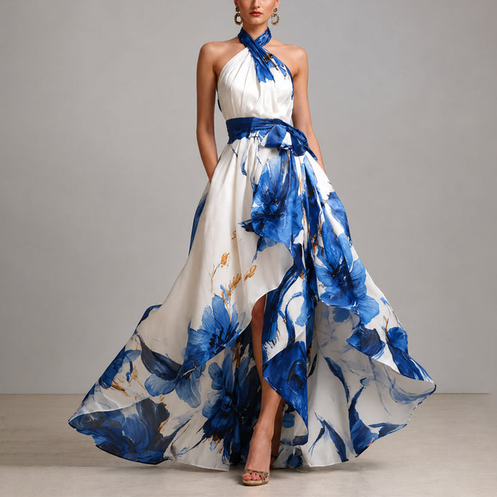 Elowen | Bold Floral Print Bow Waist Halter Neck Dress