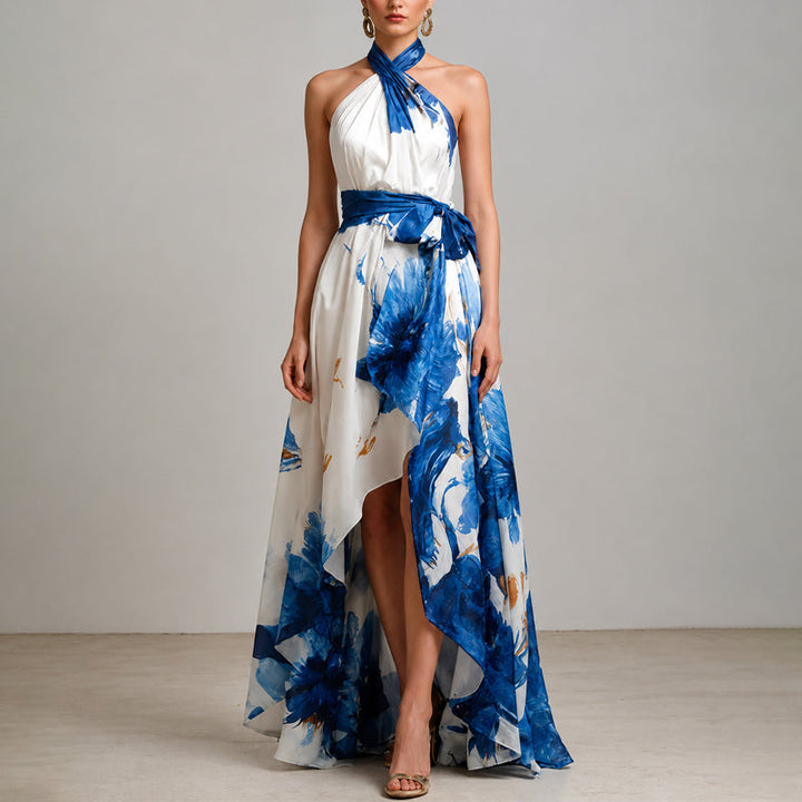 Elowen | Bold Floral Print Bow Waist Halter Neck Dress