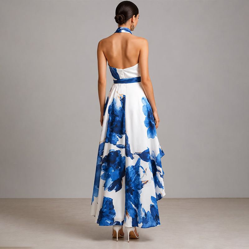 Elowen | Bold Floral Print Bow Waist Halter Neck Dress