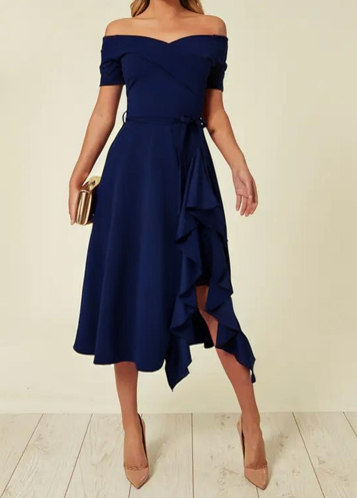 Genevieve | Ruffle Hem Bardot Off Shoulder Dress