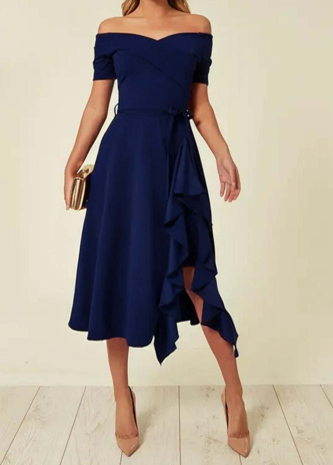 Genevieve | Ruffle Hem Bardot Off Shoulder Dress