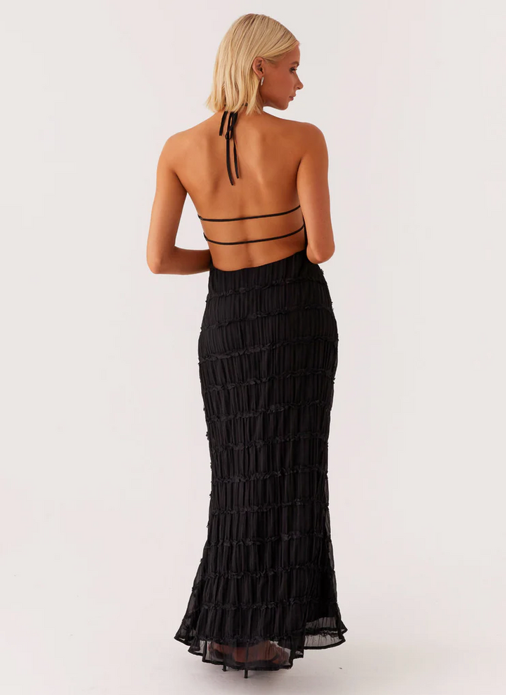 Evangeline | Textured Lace Trim Halter Neck Maxi Dress with Open Back