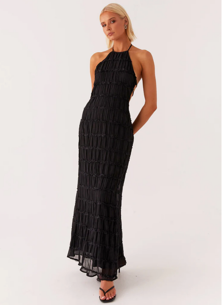 Evangeline | Textured Lace Trim Halter Neck Maxi Dress with Open Back
