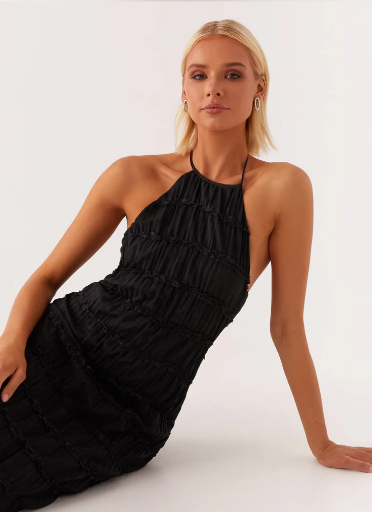 Evangeline | Textured Lace Trim Halter Neck Maxi Dress with Open Back